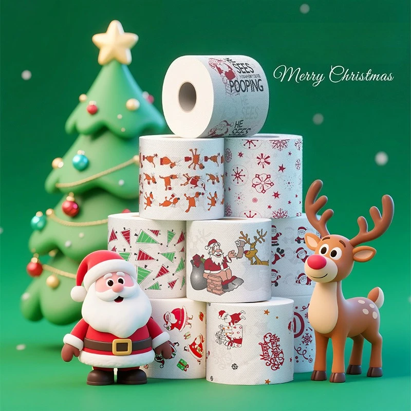 Weihnachts-Cartoon-Toilettenpapier – Toilettenpapier mit Schneemann- und Weihnachtsbaummustern, geeignet für Heim- und Partydekorationen.