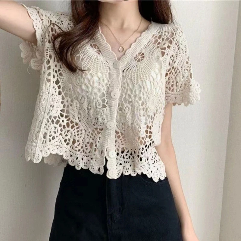 Women French Style Short Sleeve Lace Shrug Hollow Out Crochet Knit Bolero Cardigan V-Neck Button Down Sheer Crop Jacket