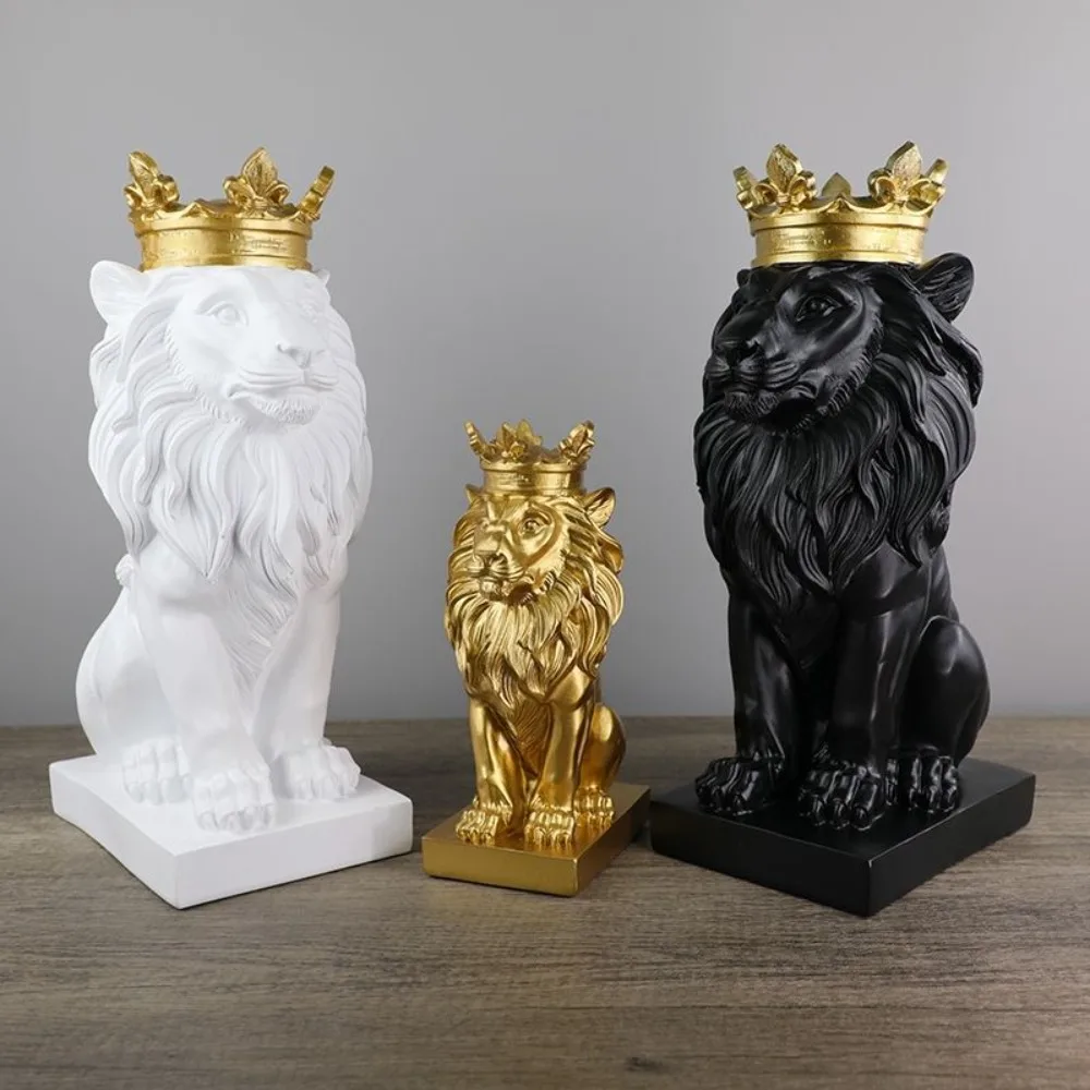 Nordic Resin Lion Statue Model Garden Home Crown Lions Sculpture Desktop Decor Animal Figurine Ornaments