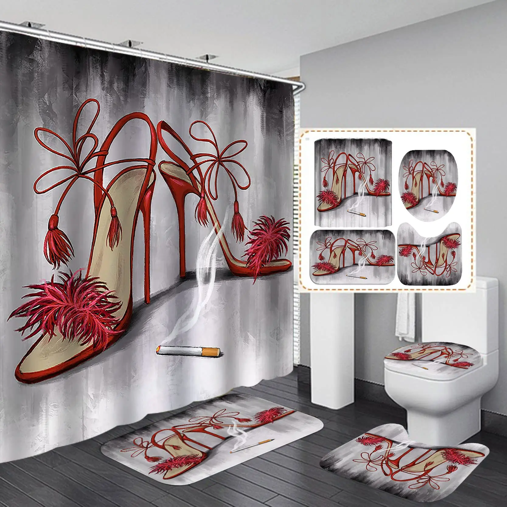 

Сексуальные красные сигаретные занавески на высоком каблуке, набор ковриков для ванной, наборы занавесок для ванной комнаты с крючками, нескользящий коврик на пьедестале, чехол для унитаза