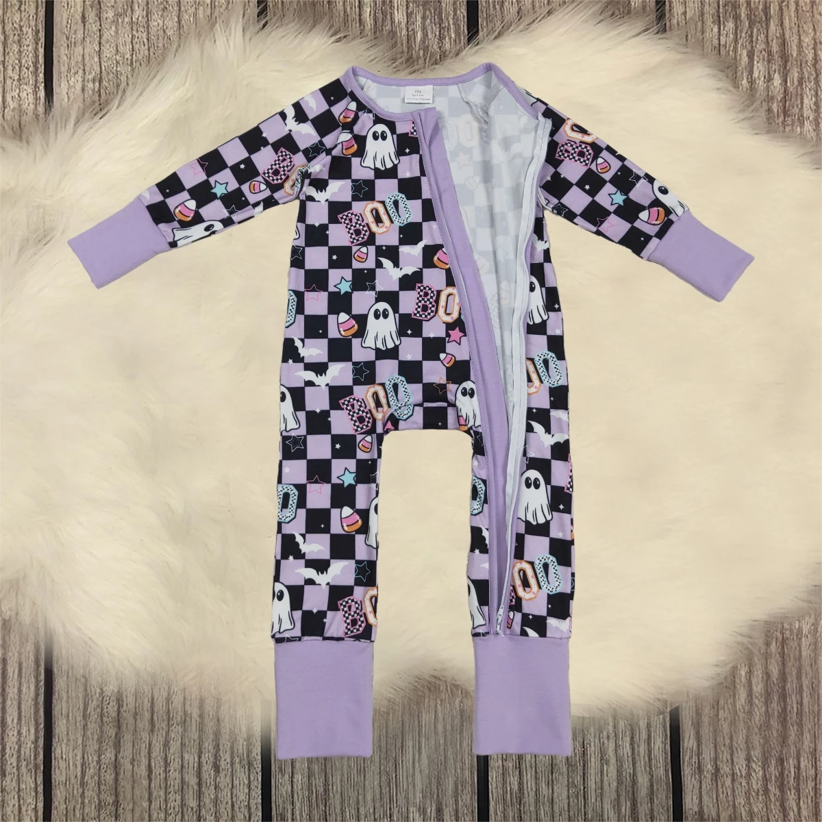

Cozy Children Newborn Halloween Romper Girl Infant Ghosts Checked Purple Clothes Girls Baby Kids Toddler Zipper Footie Jumpsuit