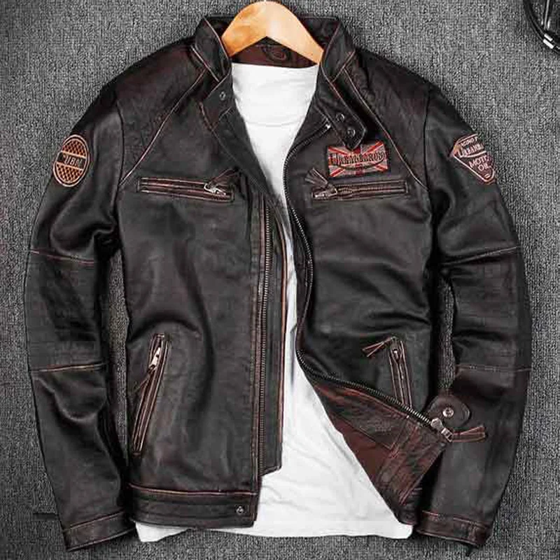 Biker Male Genuine 2023 Leather Cow Leather Clothing Short Real Leather Jacket Punk Spring Mens Leather Motorcycle Coat 4XL A579