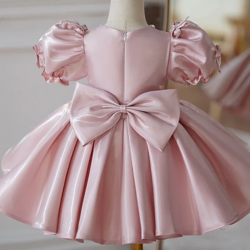 Kids Pink Luxury Birthday Party Dress for Little Girls Princess Short Evening Gowns Pageant Child Formal Occasion Dresses Satin