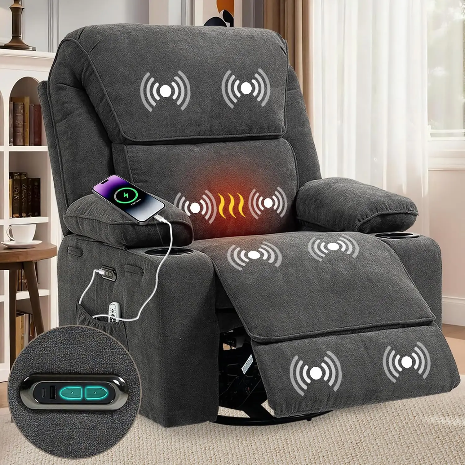 Power Recliner with Rocking, Swivel & Glider - Nursery Chair with One-Touch Button, Vibrating Massage & Heat, USB Charging Ports