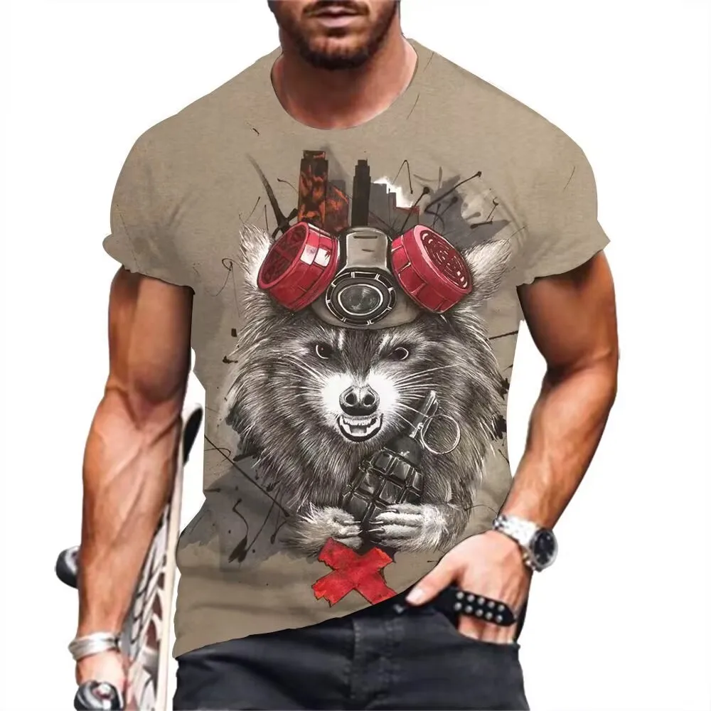 Hip Hop Animal Raccoon Print Men\'s Short Sleeve T-Shirt Fashion Creative Cool High Quality Children\'s Casual O-Neck Top Clothing