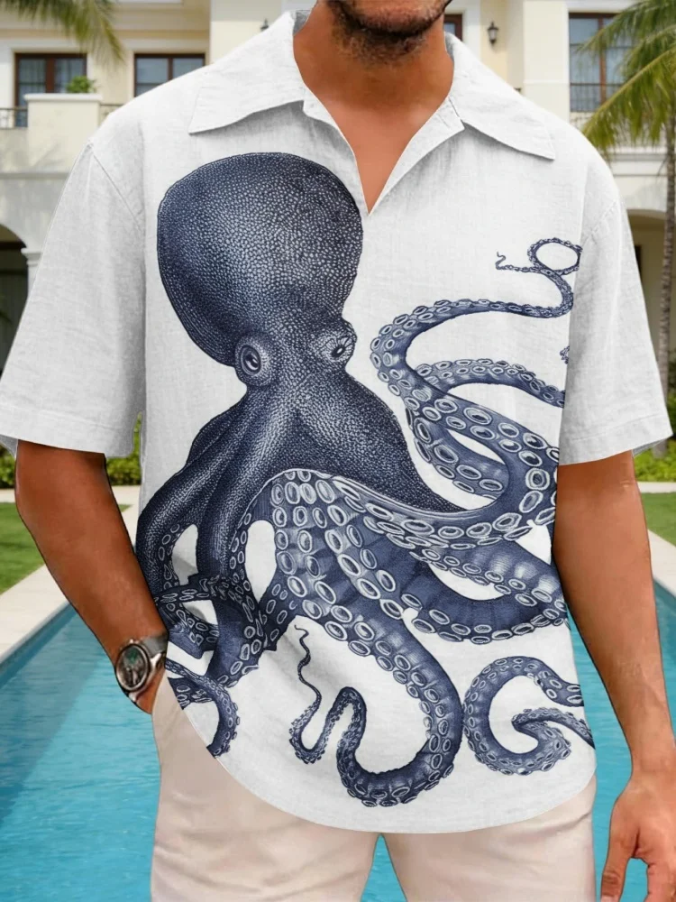 

Men's Octopus Print Hawaiian Shirt Vintage Short Sleeve Camp Collar Beach Linen Blend Top Oversized Summer Holiday Man Clothings