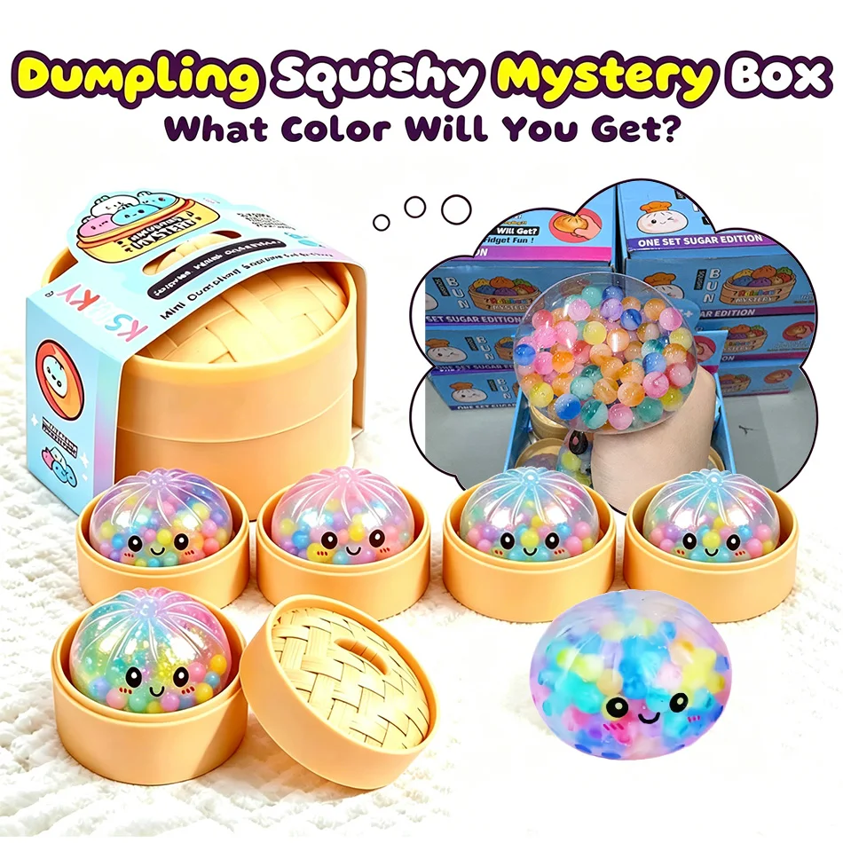 Sugar Edition Rainbow Bead Dumpling Squishy Fidget Toy – Colorful Bead-Filled Squeeze Stress Relief Toy with Bamboo Steamer Case