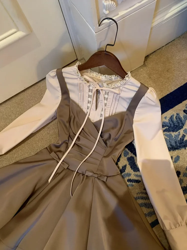 Retro Patchwork Satin Long Sve Dr Women's Autumn Court Sle Waist Cinching Slimming Princ ort Skirt Dr