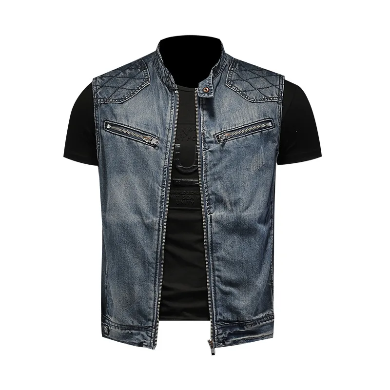 men\'s denim jacket motorcycle vest retro fashion handsome motorcycle riding clothes high street trend denim vest men\'s clothing