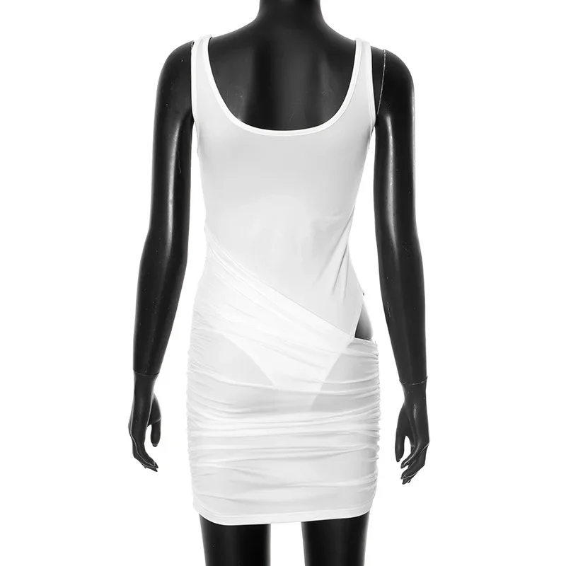 ผู้หญิงถังบอดี้สูท Patchwork Ruched Bodycon ชุดมินิเซ็กซี่ U คอแขนกุด Backless Hollow Slim Casual Streetwear