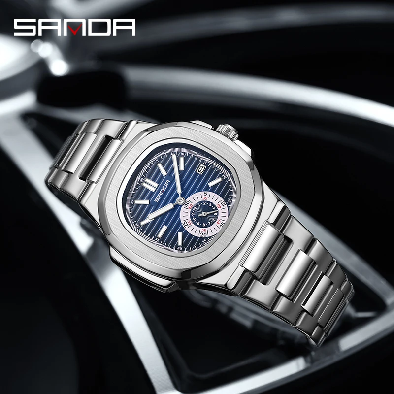 Sanda 7020 Unique Design Dial Stainless Steel Strap Japan Quartz Movement Waterproof Business Men Elegant Calendar Wrist Watch