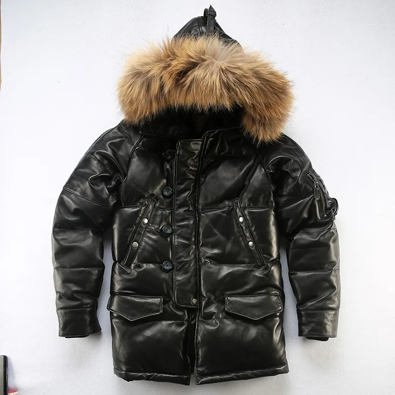 Off-road outdoor sports and leisure leather down for men women thickened mid-length hooded white