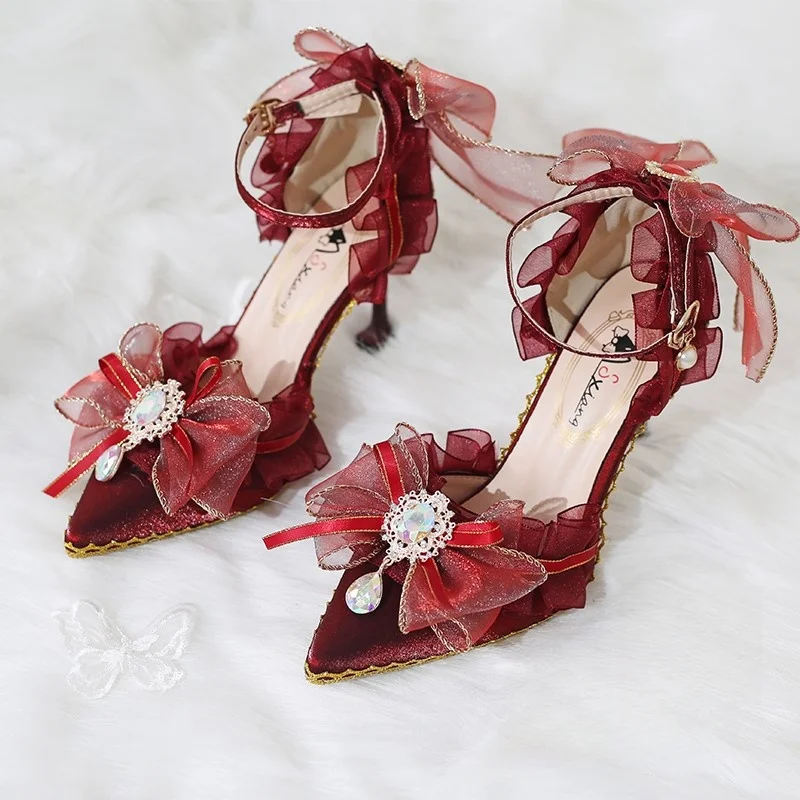 

Elegant wine red shoes tea gorgeous flowers marry high heels wedding