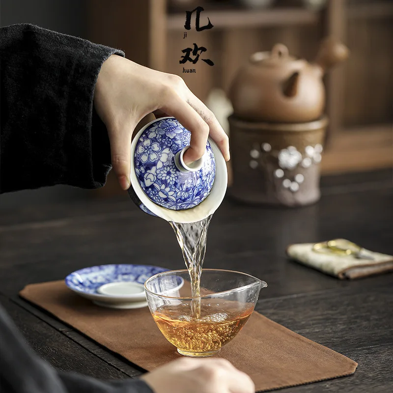 Jingdezhen-azul e branco antigo gaiwan chávena, high-end kung fu chá conjunto, grande capacidade, não-escaldar, ameixa flor