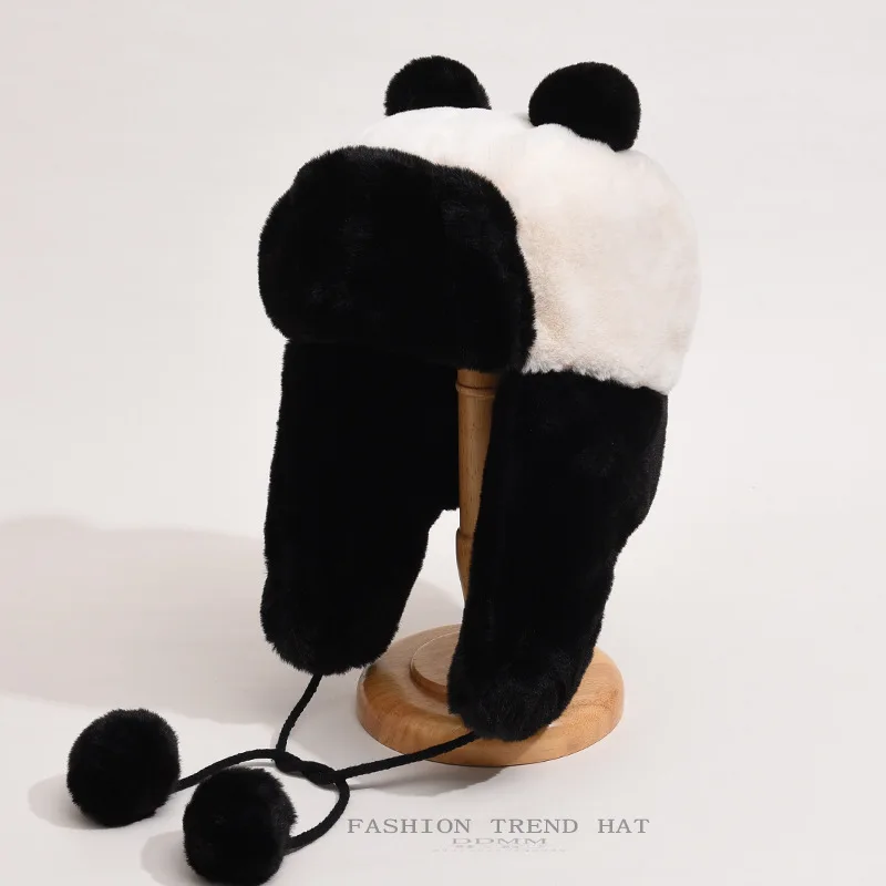 black white plush fur winter hats for women cute panda pattern bomber hats with ear flaps pompom winter caps