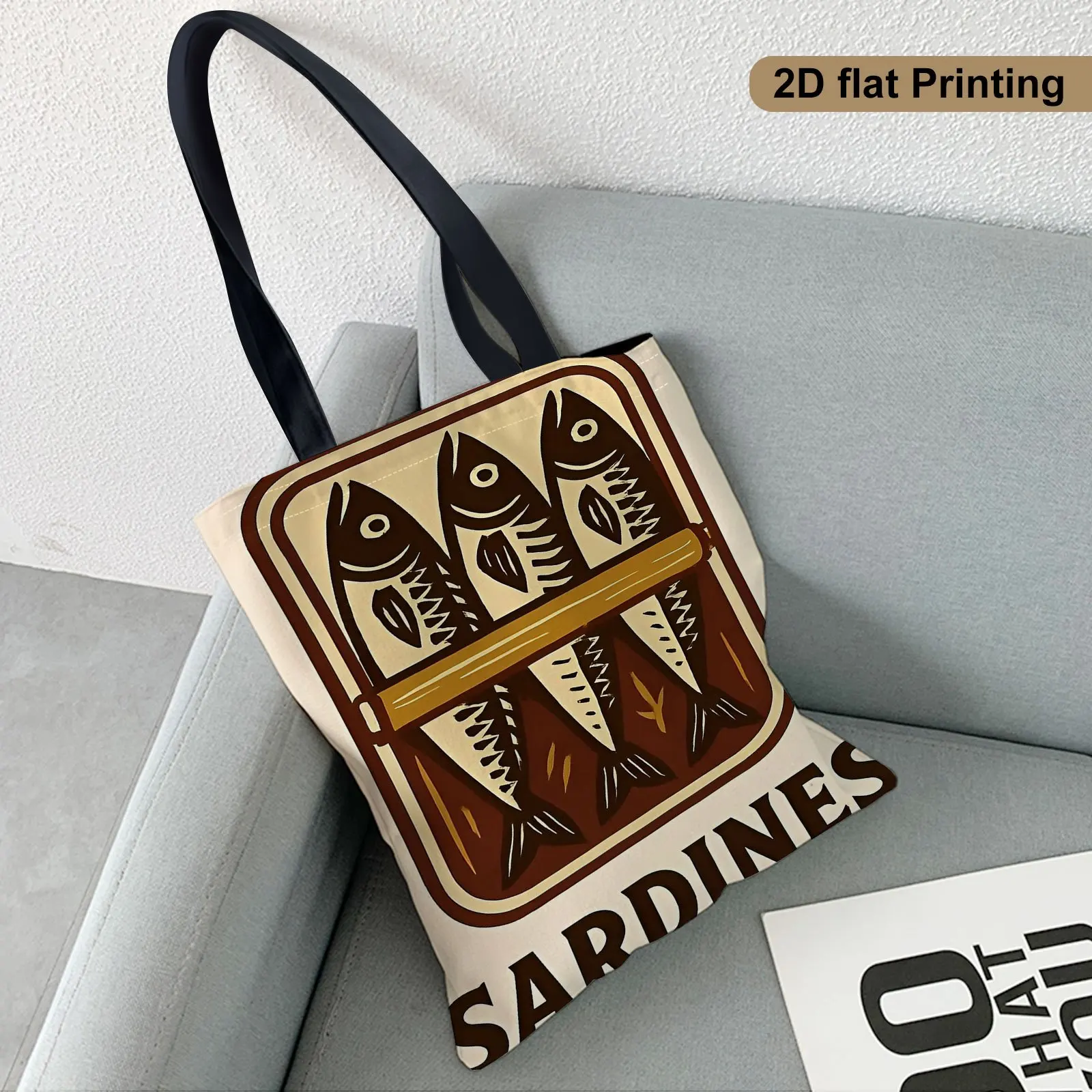 Tote Bag Featuring a Woodcut Design of Three Sardines Perfect for Outdoor Picnics and Shopping Large Capacity Shopping Bags