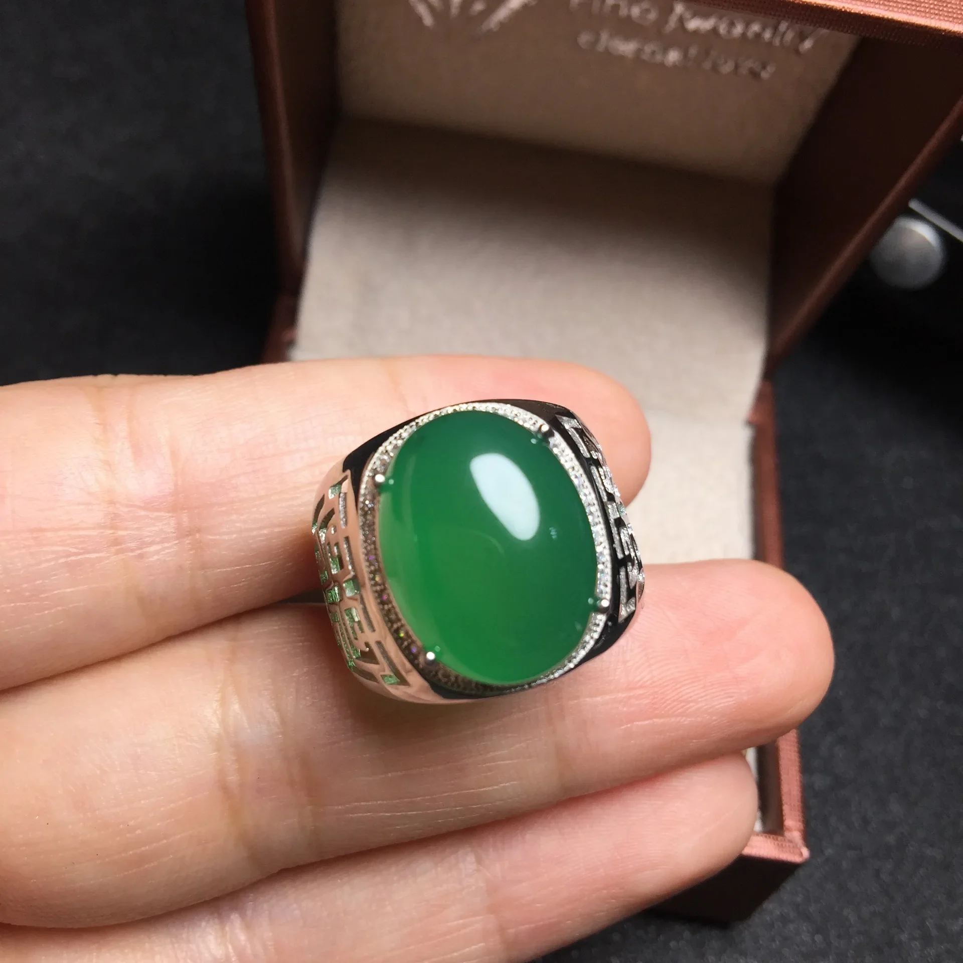 

Luxury Silver Gemstone Ring for Man 12mm*16mm Natural Green Chalcedony Ring 925 Sterling Silver Chalcedony Man Jewelry