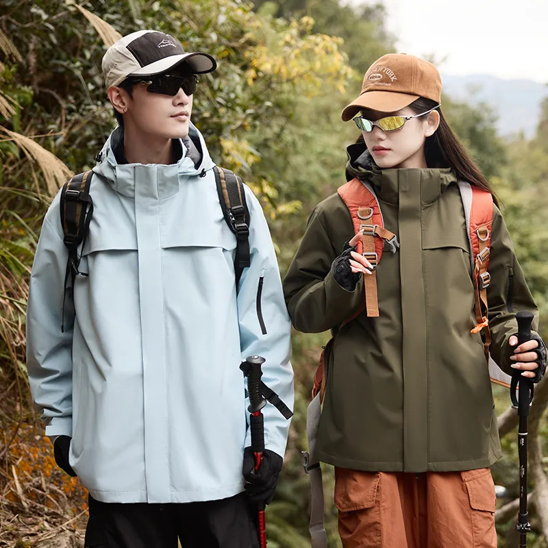 Plus Size Unisex Couple Outdoor Jacket Waterproof Wind‑Resistant Adjustable Hood Zip Pockets Loose Casual Hiking Camping Hooded