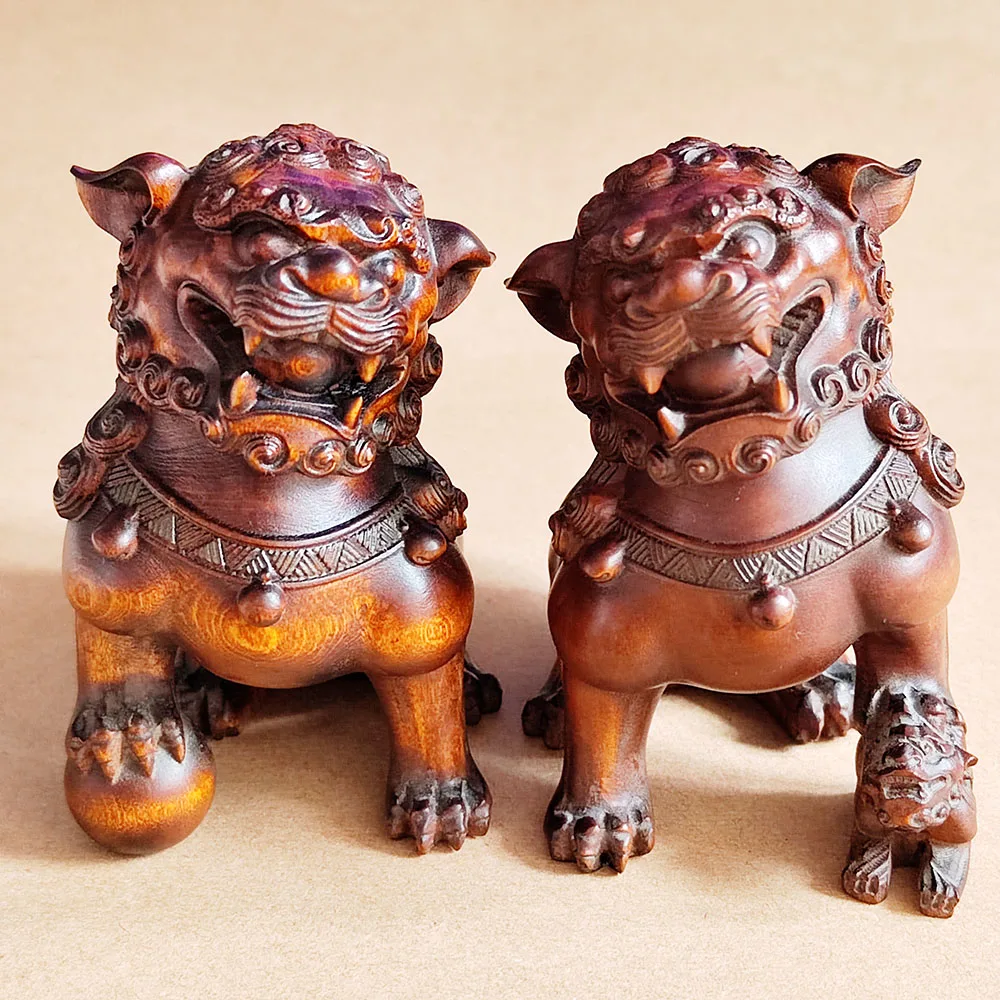 

M9208 - 8 X 7.5 x 4.7 CM Boxwood Carving Figurine Statue : Foo Dog Lion Pair