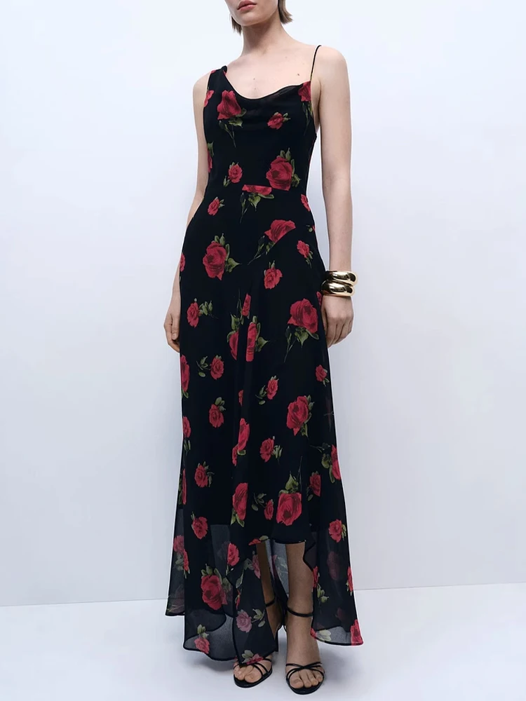 

European and American style summer new women's fashion chiffon floral print swing collar vacation travel long dress