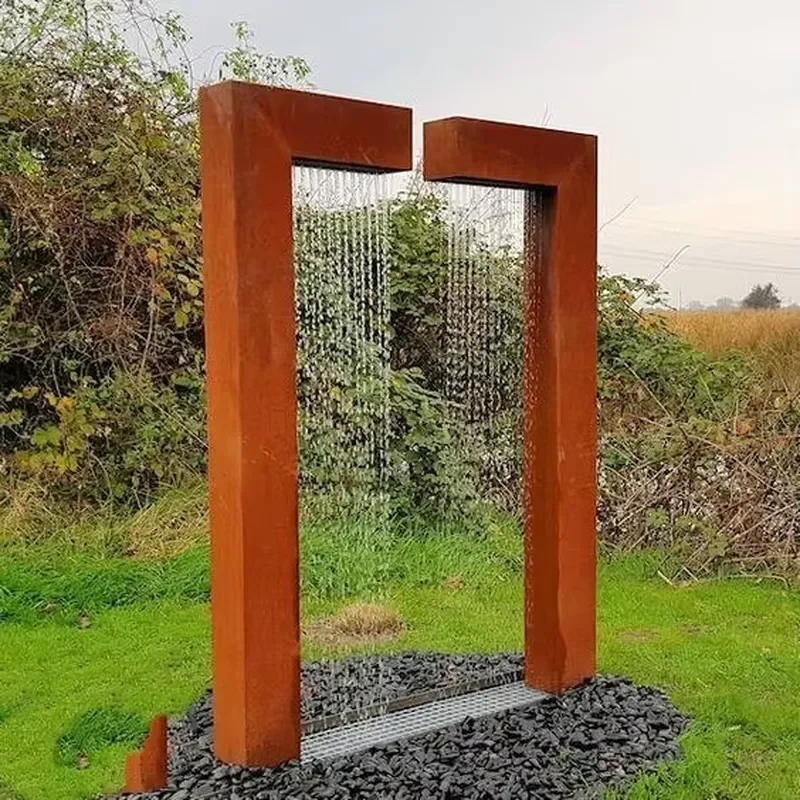 For Garden Fountain Corten Steel Rusty Red LED Lights Weather Resistant Rain Curtain Water Feature