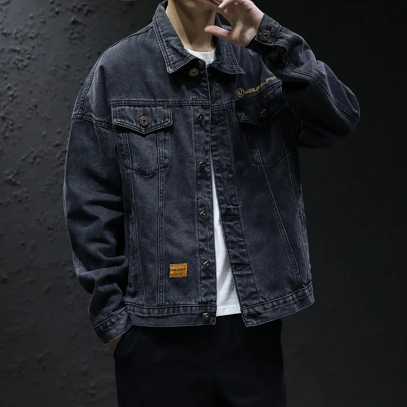 Men's Classic Turtleneck Denim Shirt, Dark Washed Denim Fabric, Double Chest Pocket Workwear Jacket, Casual and Versatile Jacket