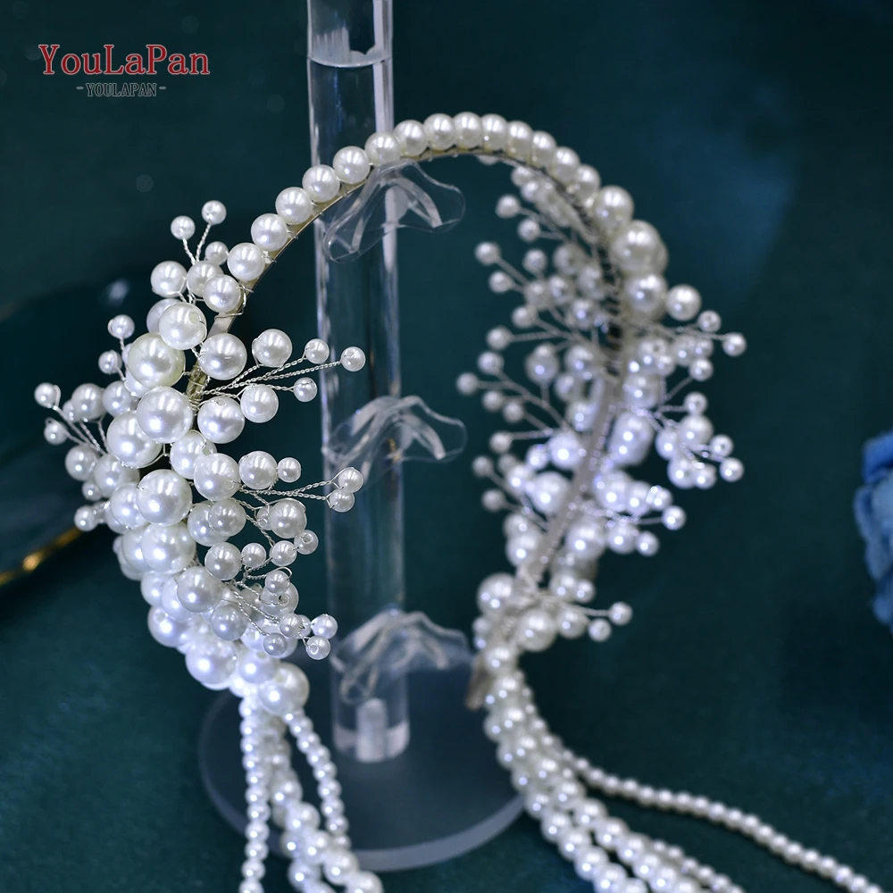 YouLaPan Tiaras and Headbands for Brides Elegant Pearl Wedding Banquet Headbands Hair Accessories Long Tassels Headwear HP647