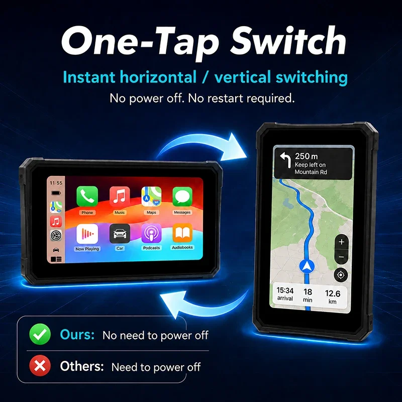 Jansite Portable 6 inch Motorcycle GPS Navigation Wireless CarPlay Moto Android Auto Digital Dashboard BT5.0 Screen Rotation