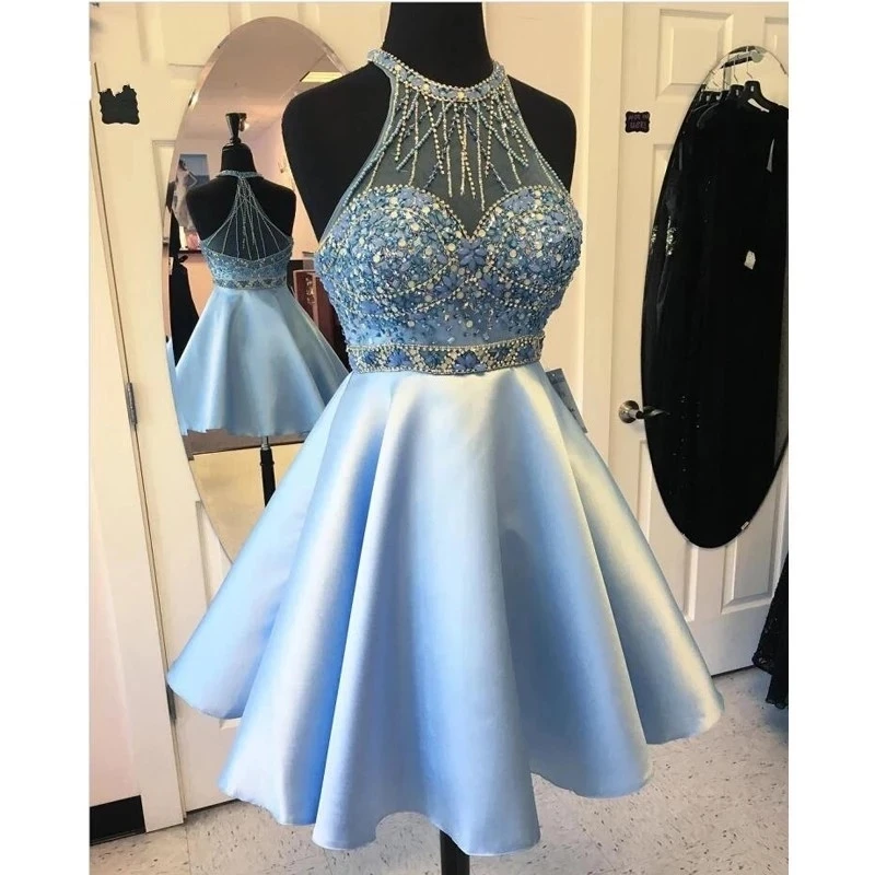 

ANGELSBRIDEP Light Blue High Neck Homecoming Dress 2023 Beading Crystal Cocktail Dresses with Sheer Back Satin Short Prom Gowns