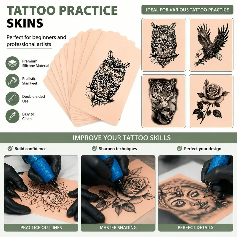 SUANGL Tattoo Practice Kit with 2 Transfer Papers 1 Gel 2 Large Practice Skins for Beginners Tattoo Training Supplies
