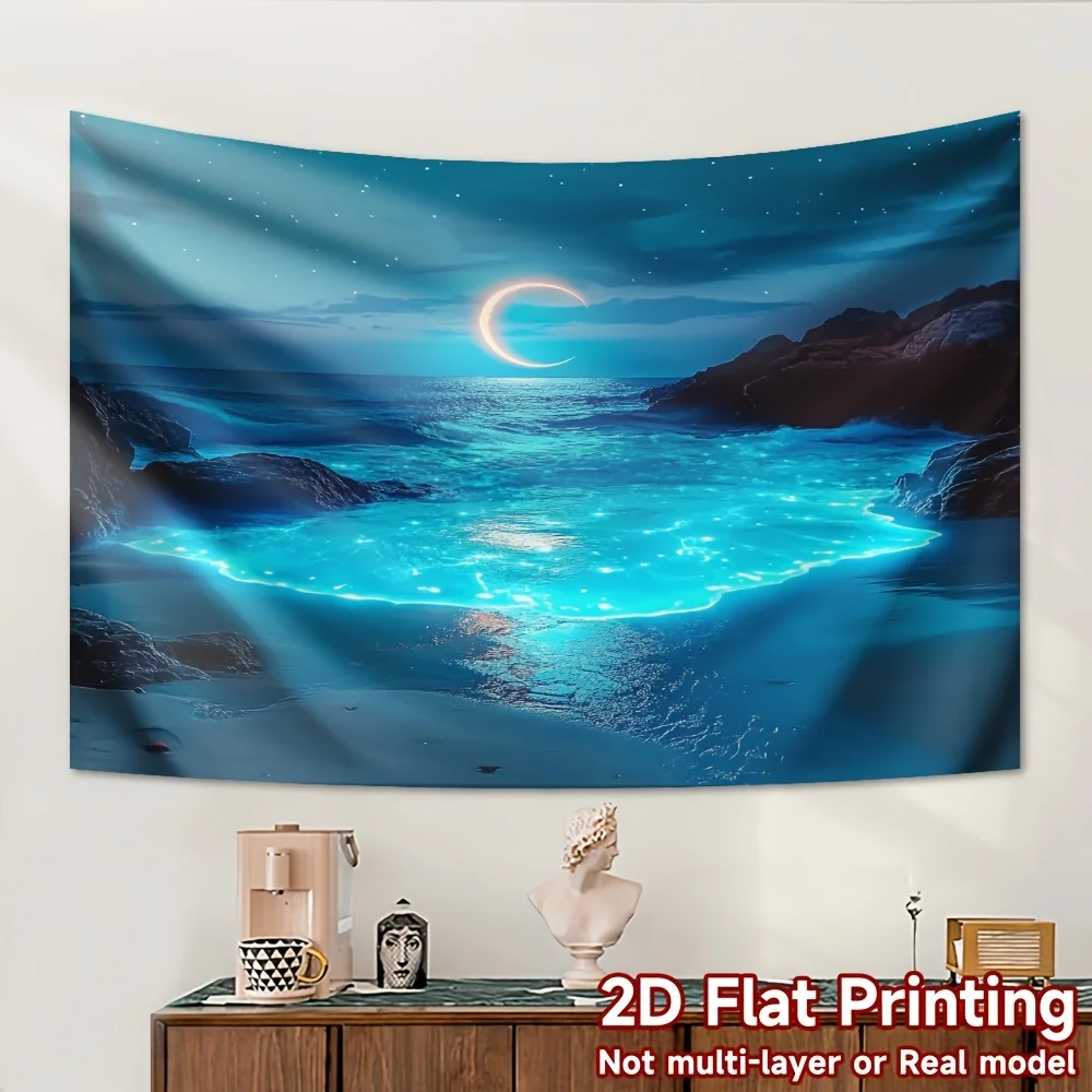 Blue Moon Galaxy Ocean Tapestry Wall Hanging Decor Fabric Art Print Mystical Sea Waves Celestial Night Sky Decor Bedroom Living