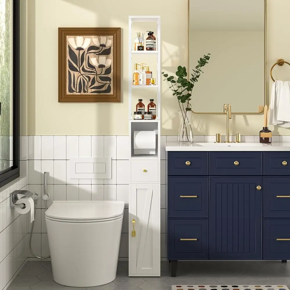 

Bathroom Tall Cabinet, Slim Storage Cabinet With Toilet Paper Holder, Narrow Cabinet Hollow Design With Farmhouse Style Door,