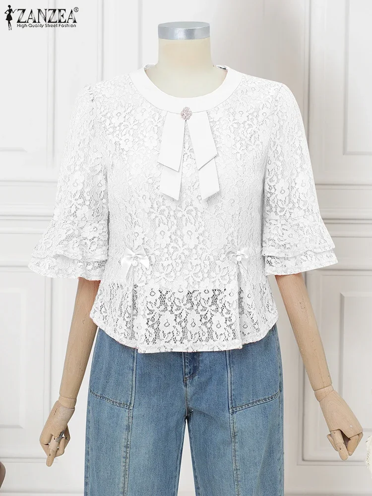 

ZANZEA Lace Tops Women Solid Vintage Blouses Flare Sleeve Blusas Casual Half Sleeve O Neck Tunics 2025 Elegant OL Work Pullover