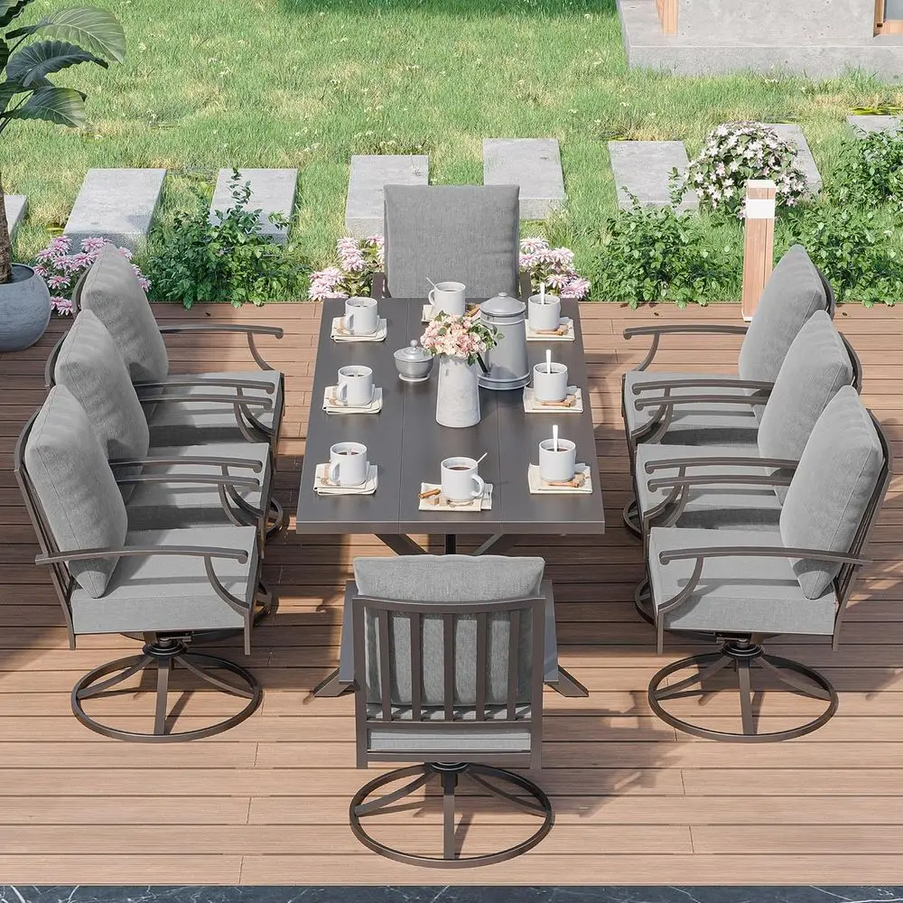 

Grey 9-Piece Patio Dining Set with 8 Swivel Chairs, Metal Outdoor Furniture, Large Table & Umbrella Hole