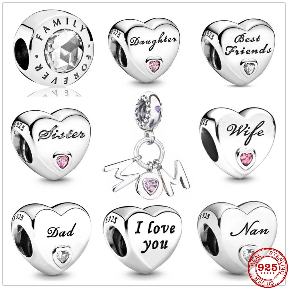 

Heart shape Sister Dad Mom Daughter beads fit Original Pandora charms silver 925 Bracelet trinket jewelry for women DIY making