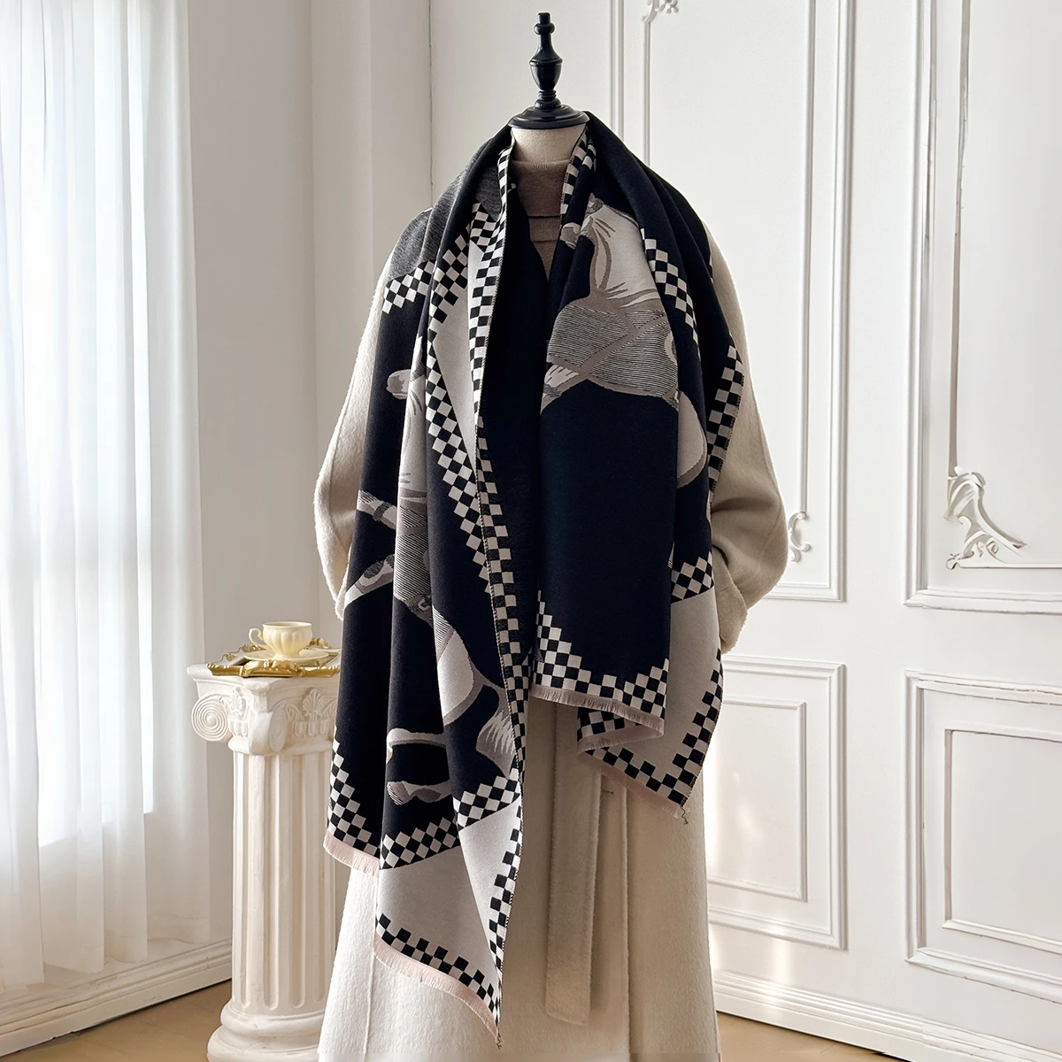 Luxury Women's Thick Faux Cashmere Scarf - Winter Warm Vintage Plaid & Warhorse Print Soft Shawl for Travel & Daily Wear