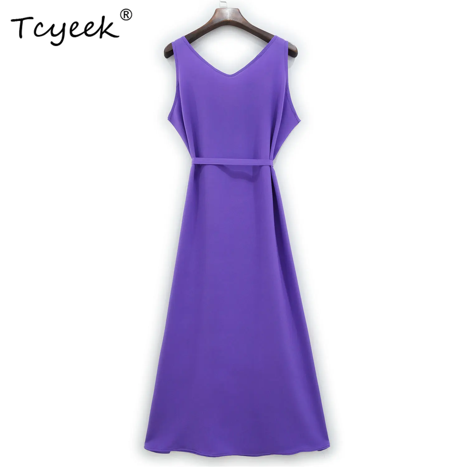 

Платье Tcyeek из натурального шелка для женщин, однотонное платье без рукавов с V-образным вырезом, темпераментные универсальные платья для поездок на работу, лето 2024, D42917QC