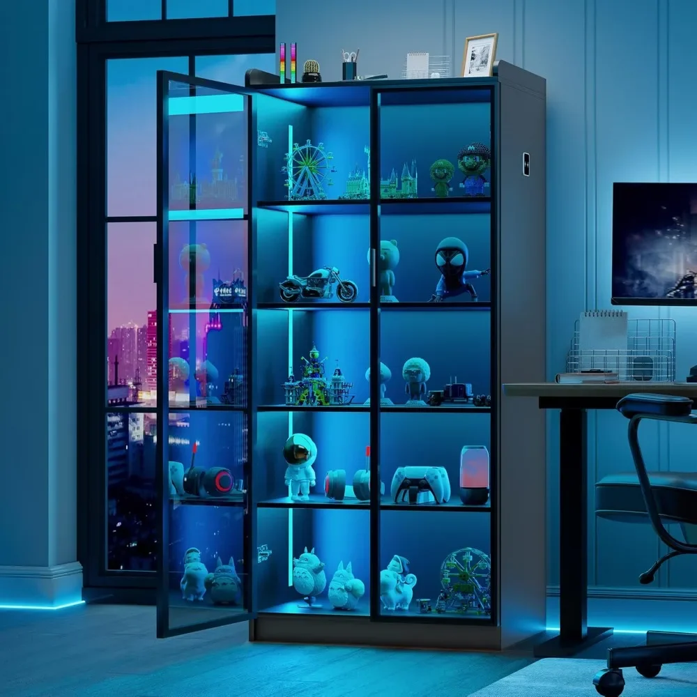 5 Tier Bookcase Display Cabinet, LED Living Room Curio Cabinet with Human Body Induction, 65” Tall China Cabinets with Ad