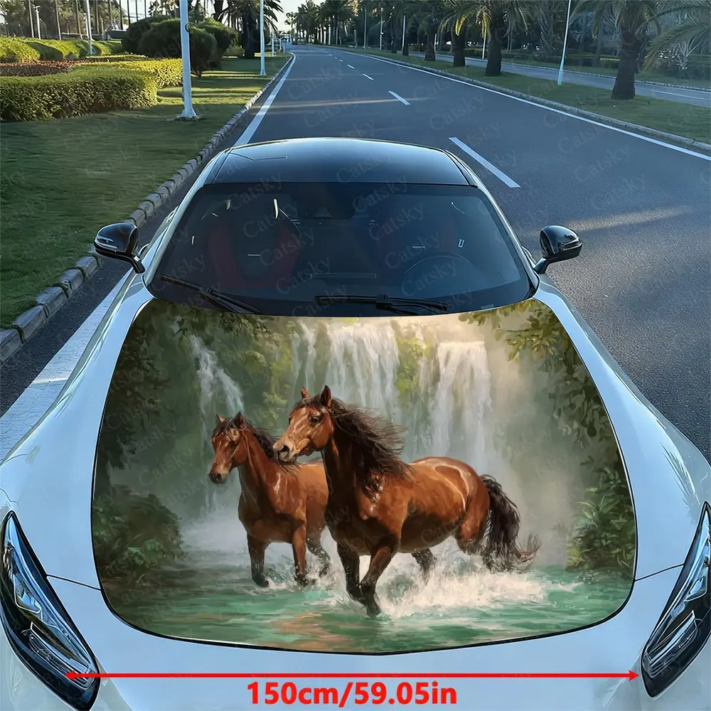 Brown Horses In The Stream Car Hood Decal Sticker - Durable Vinyl Wrap, Splash-Resistant & Easy Removal, Fit For All Cars - Auto