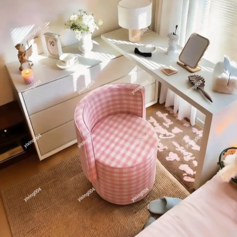Dressing Stool Rotatable Makeup Chair for Bedroom Cloakroom, Pink Plaid
