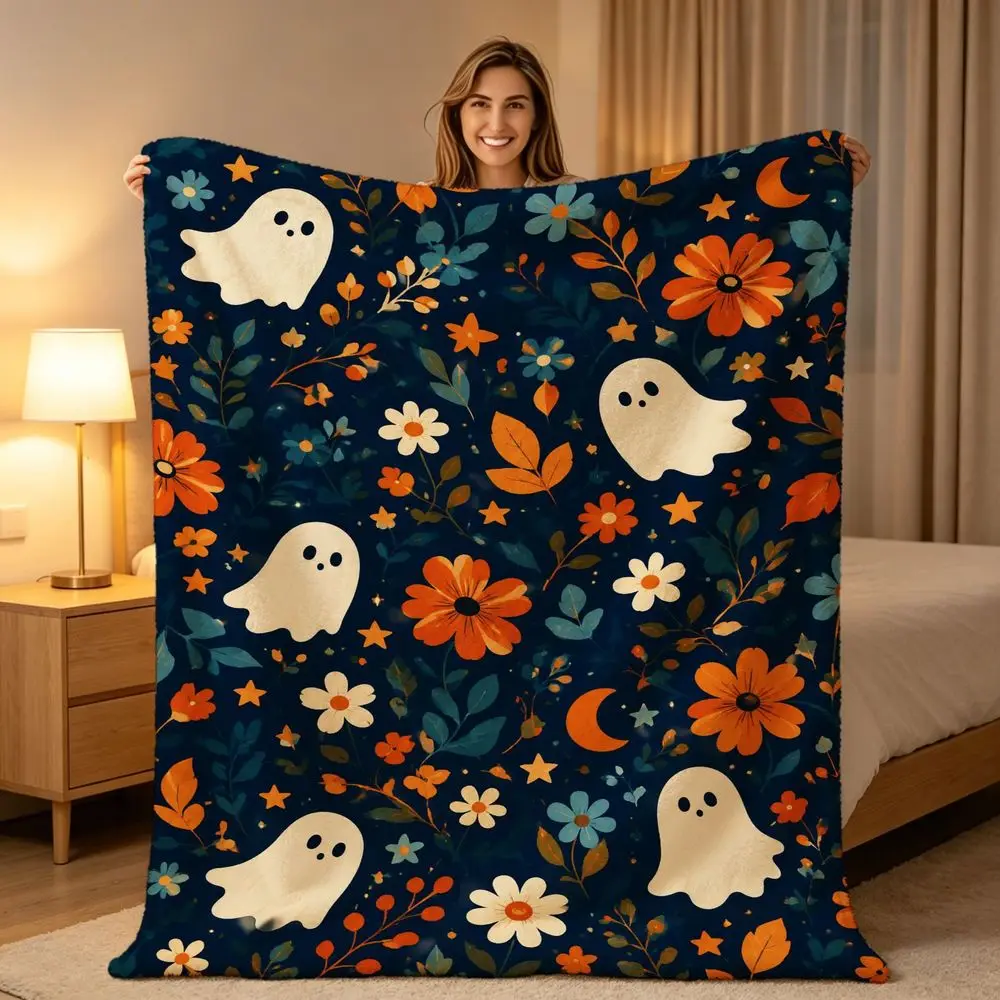 Cozy Halloween Themed Throw Blanket Dark Blue With 5 White Cartoon Ghosts Orange Yellow Flowers Crescent Moons Golden Stars Soft Warm Flannel Style Sofa Couch Travel Camping Cover