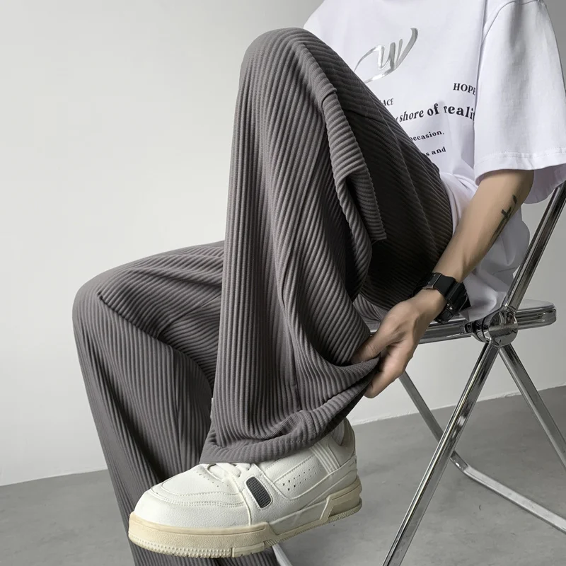 Summer Pleated Pants Men Fashion Oversized Ice Silk Pants Men Japanese Streetwear Hip-hop Loose Straight Pants Mens Trousers