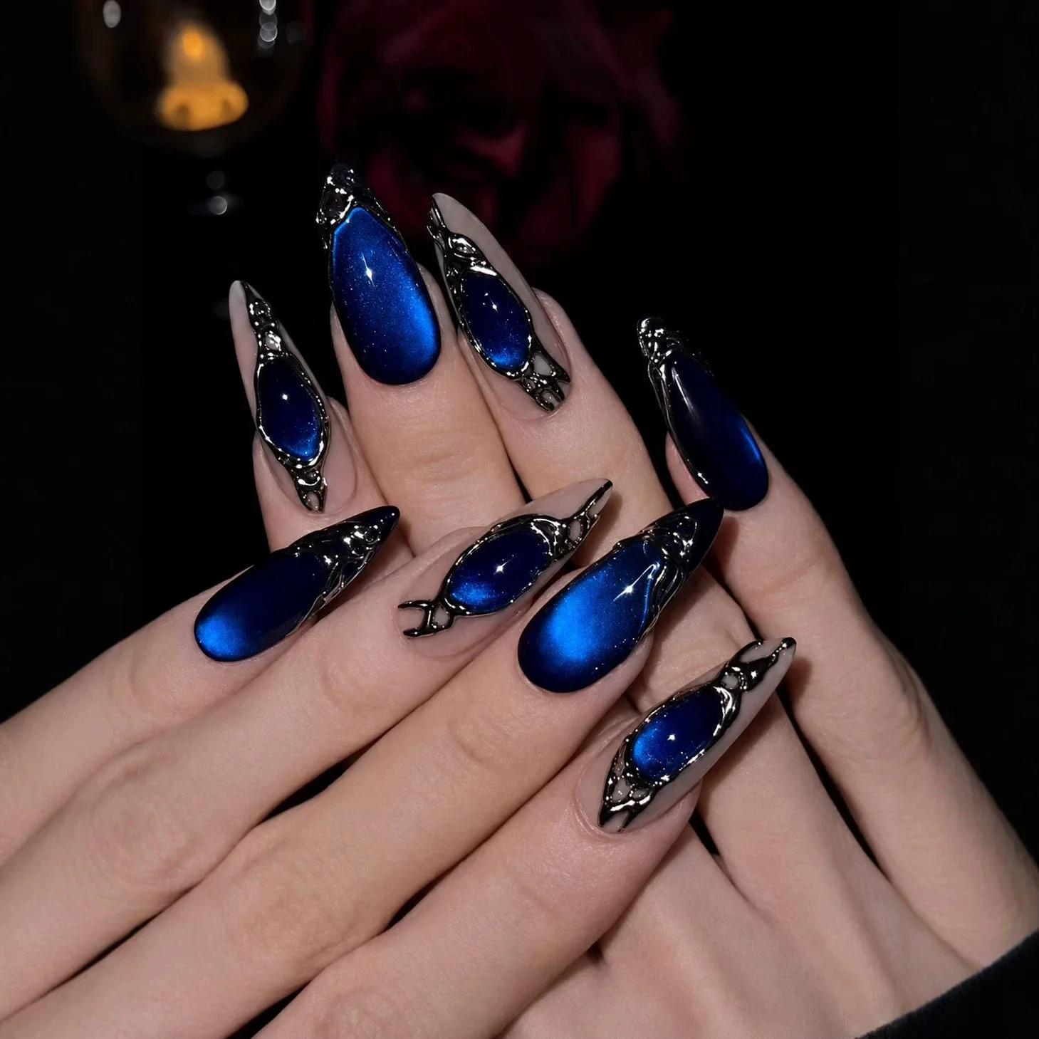 24Pcs Blue Cat's Eye Long False Nails Press on 3D Metal Hollow Out Design Finger Nail Full Cover Stiletto Reusable Manicure Tips