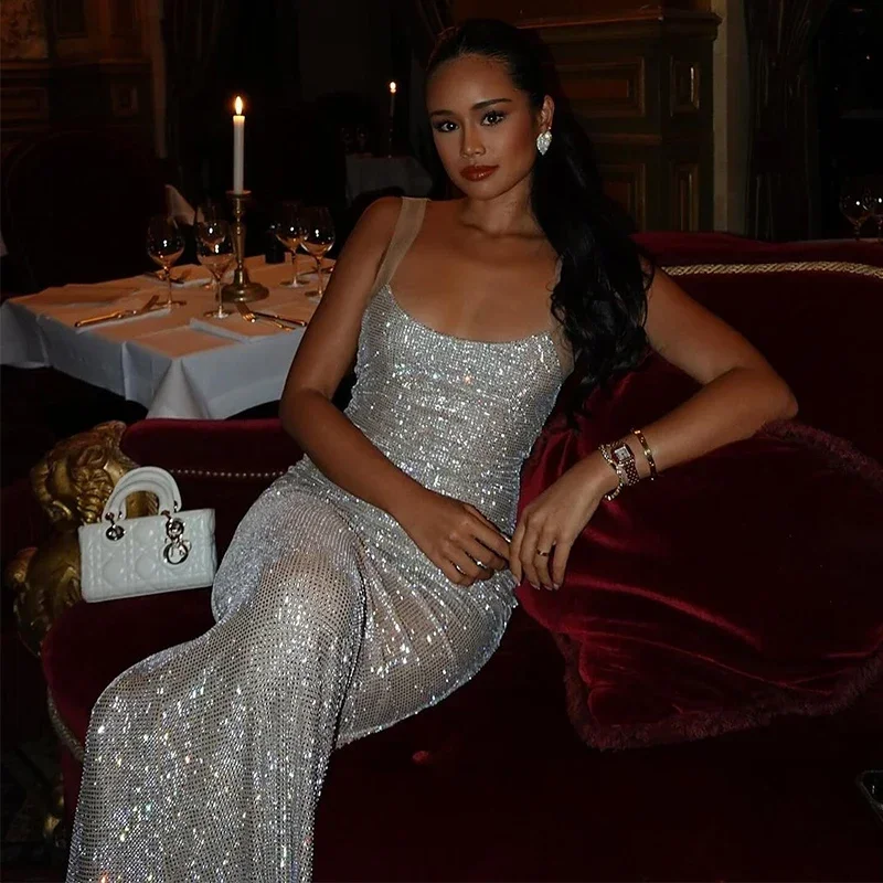 

Glitter Nightclub Sexy Party Dress Women Spaghetti Strap Summer Dress Midi Long Slim Bodycon Dresses