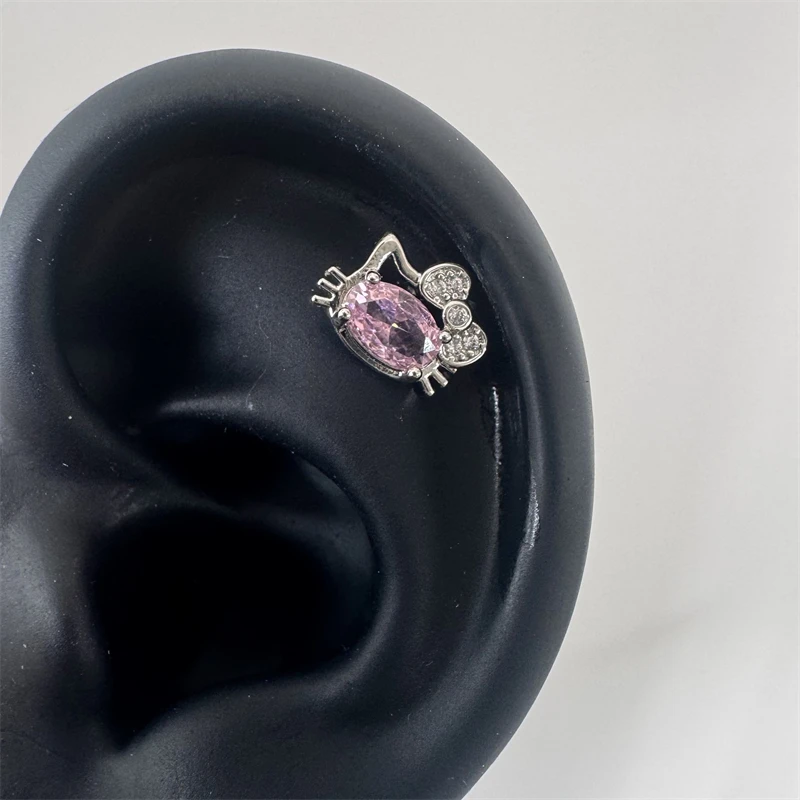 Cute Pink Zircon Cat Stainless Steel Ear Bone Nail Water Droplet Pendant Small Earrings for Women Cochlear Puncture Accessory