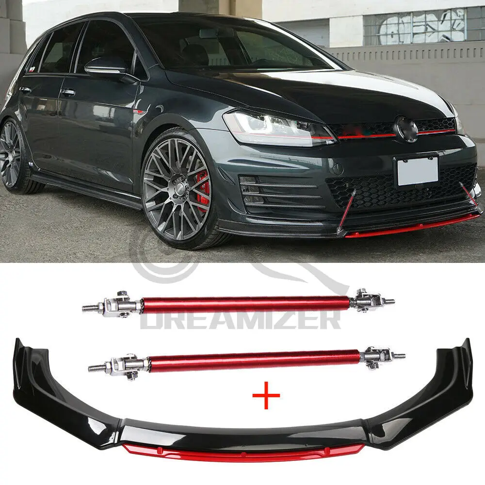 Przedni zderzak samochodowy, do VW Golf MK7.5, MK7, MK6, MK5, GTI, GTD, 2017-2021, część rozdzielająca, nakładki zderzaka, rozgałęźnik, czerwony rozpórka, zestaw