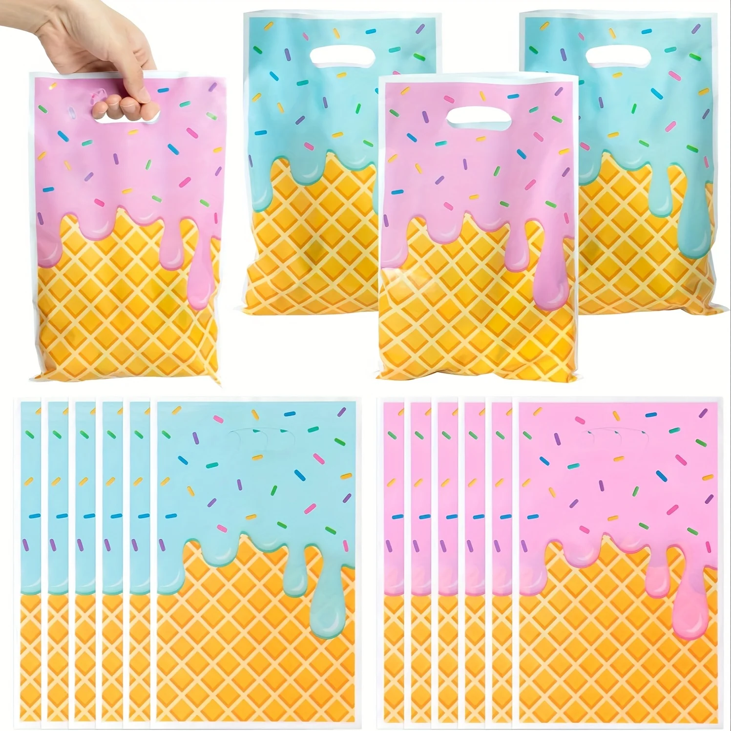 Sacs cadeaux pour fêtes, 30/50 pièces, motifs mignons rose et bleu sur le thème de la crème glacée estivale, pour anniversaire, festival, mariage, révélation du sexe, fête de remise de diplôme, rentrée scolaire, ouverture des classes, fête événementielle, fête estivale à la piscine, emballage cadeau B