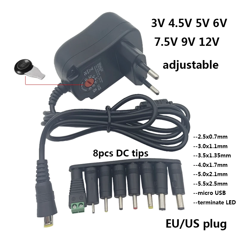 Adjustable Power Supply 3V 4.5V 5V 6V 7.5V 9V 12V 1.2A 12W Multi Voltage Power Supply With Multi 8pcs Plugs Transformer Adaptor