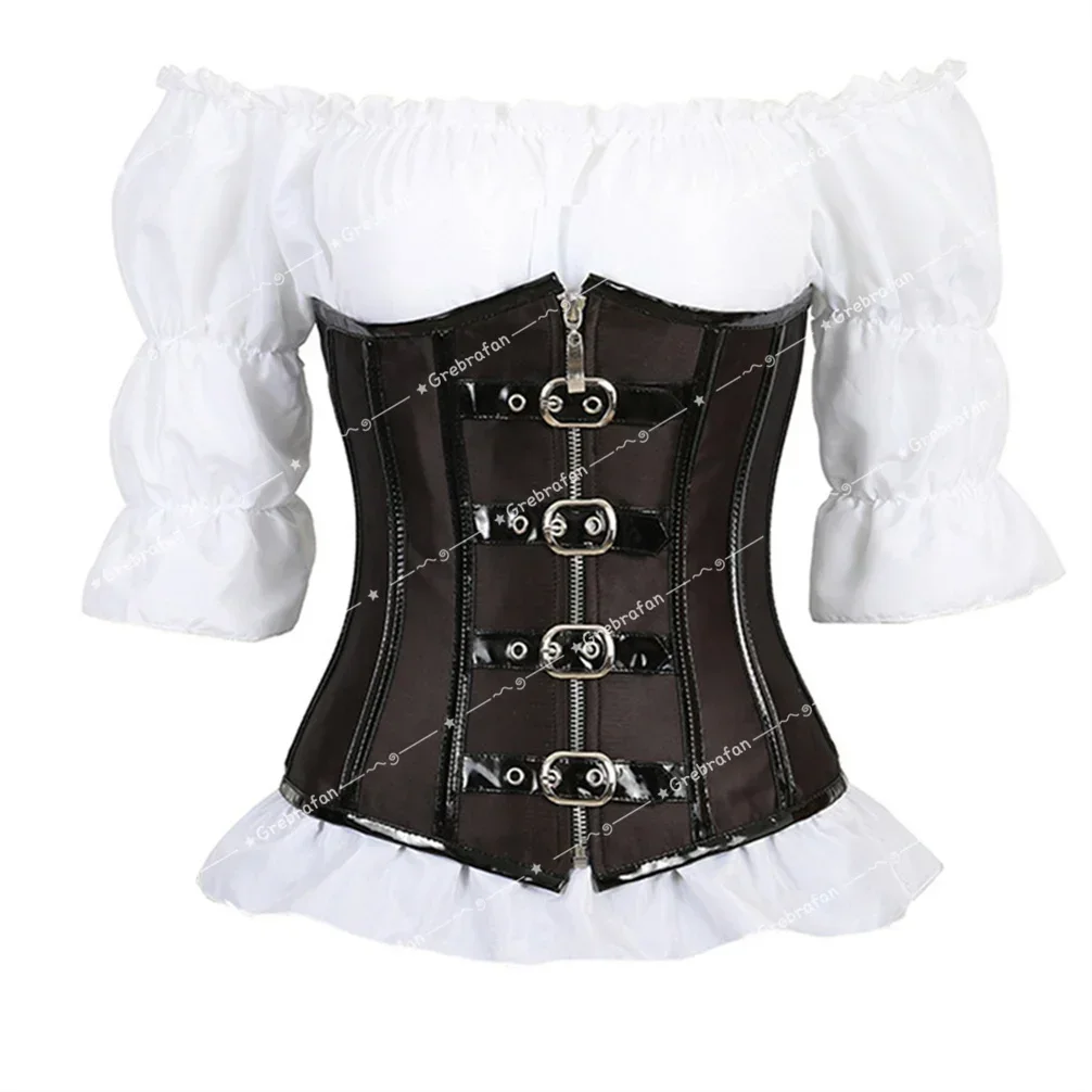 Gothic Corset Pirate Blouse Two-Piece Set Steampunk Leather Bustiers Underbust Shapewear for Halloween Cosplay Costumes