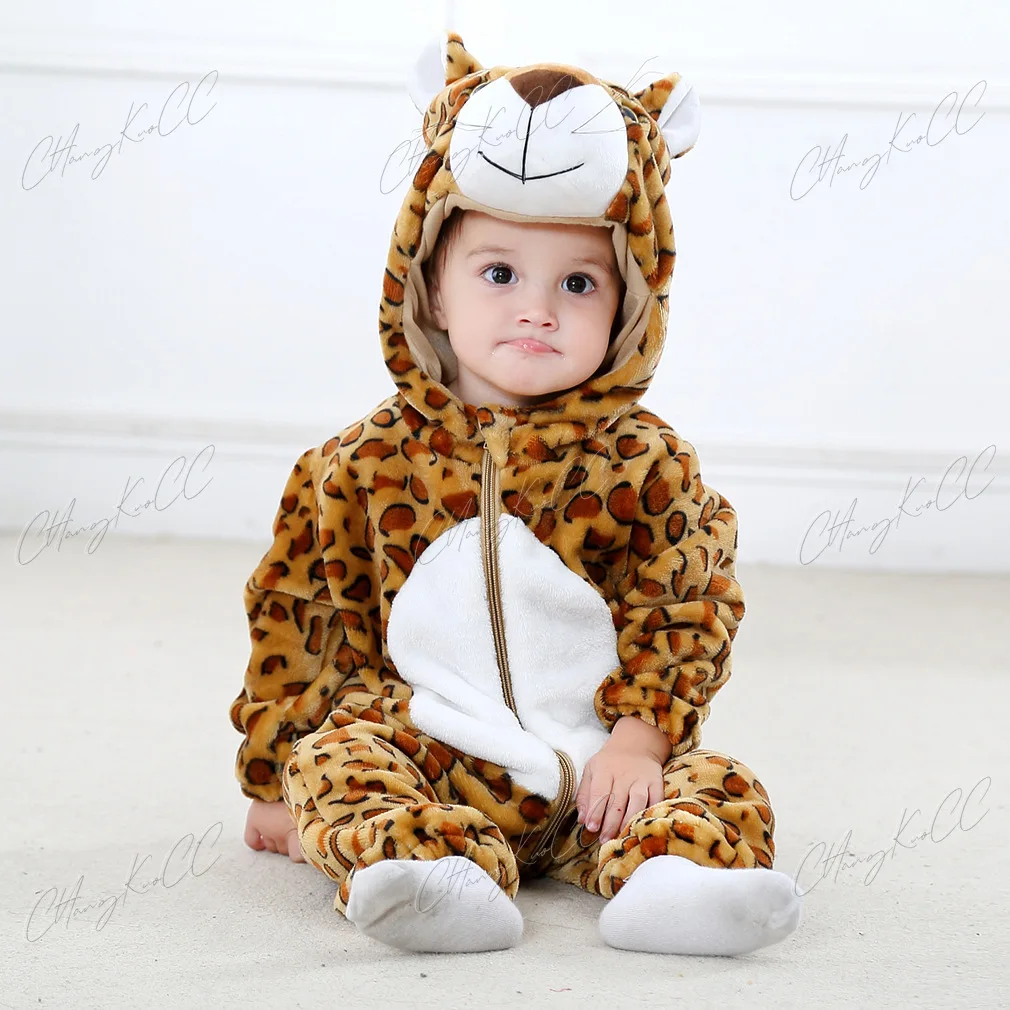 Baby Rompers Winter Costume Flannel Hooded Jumpsuits Baby Clothes 70-120cm Kids Jumper Overall Tiger Lion Rabbit Duck Roupa Beb